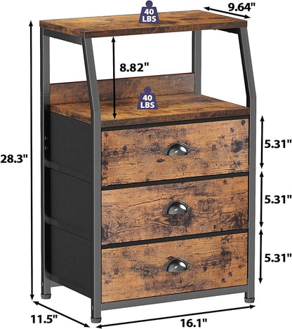 Furnulem Nightstand with 3 Drawers and 2-Tier Shelf, Fabric Small Dresser Organizer Vertical Storage Tower for Bedroom, Closet, Hallway, Nursery, End Table Side Furniture, Sturdy Steel Frame, Wood Top - LeafyLoom