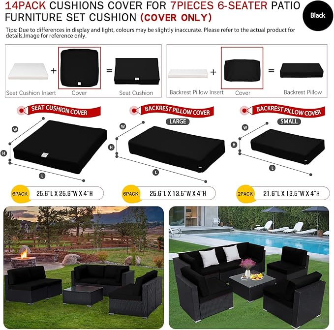 ClawsCover 14Pack Outdoor Patio Seat and Back Cushions Replacement Covers Fit for 7Pieces 6-Seater Wicker Rattan Sectional Couch Chair Furniture Set,Black-Include Cover Only (Large) - LeafyLoom