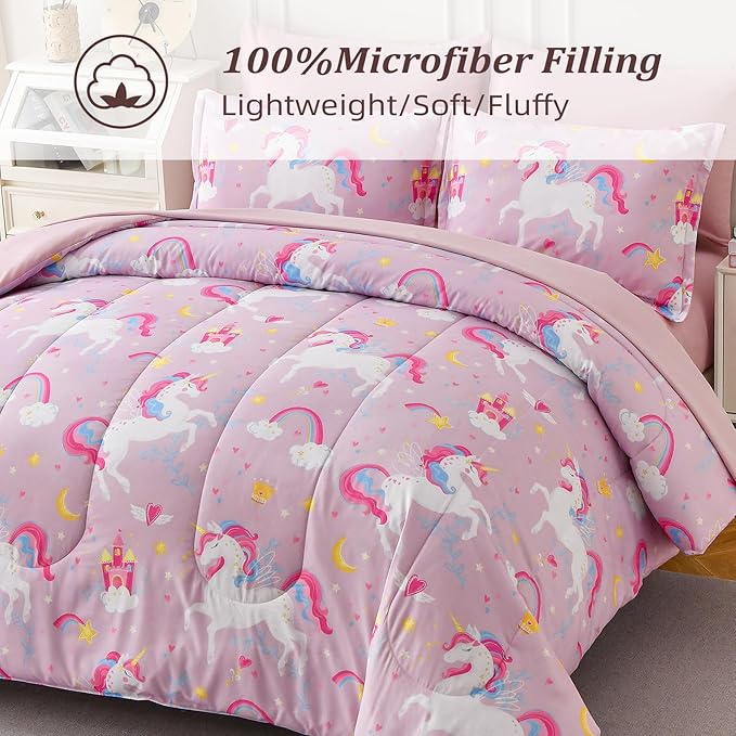 Queen Comforter Set for Girls, 7 Pieces Bed in a Bag with Shams, Sheet Set, Pink Unicorn Double Soft Microfiber Kids Comforter Bedding Set - LeafyLoom