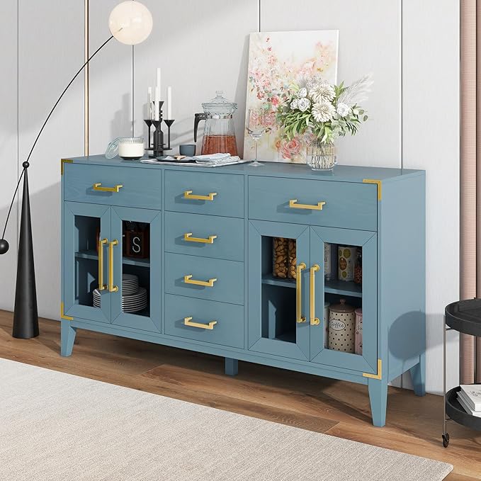 60" Retro Sideboard with 6-Drawer and 2-Cabinet,Multifunctional Buffet,w/Gold Handles & Solid Wood Legs,Extra Large Storage Space,for Kitchen and Living Room,Antique Blue - LeafyLoom