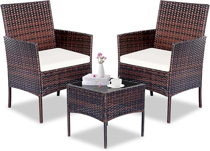 Patio Furniture Set 3 Pieces All-Weather Rattan Outdoor Furniture Patio Chairs with Tempered Glass Table for Porch Bistro Balcony Bistro Set(Brown/Beige-2) - LeafyLoom