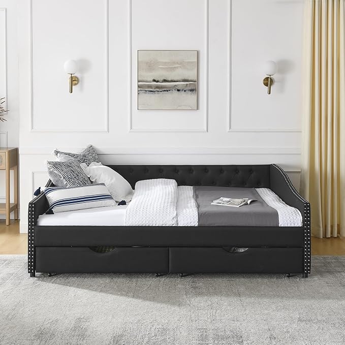 Queen Size Daybed with Two Storage Drawers, Linen Upholstered Tufted Sofa Bed w/Button on Back and Copper Nail on Waved Shape Arms, for Bedroom Living Room, No Box Spring Needed, Black - LeafyLoom