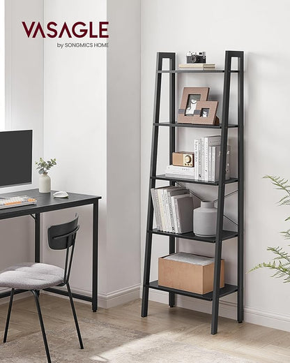 VASAGLE Ladder Shelf, 5-Tier Bookshelf, Storage Rack, Bookcase with Steel Frame, for Living Room Home Office, Kitchen, Bedroom, Industrial Style, Ebony Black + Black - LeafyLoom