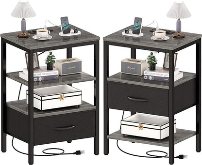 SUPERJARE Nightstand Set of 2, Bed Side Tables with Charging Station, Adjustable Fabric Drawer, Night Stand for Bedroom, 3-Tier Storage End Tables, for Living Room - Charcoal Gray - LeafyLoom