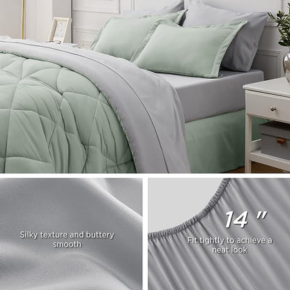 Bedsure Sage Green King Comforter Set - 7 Pieces Reversible Bed Set Sage Green Bed in a Bag King with Comforters, Sheets, Pillowcases & Shams, King Bedding Sets - LeafyLoom