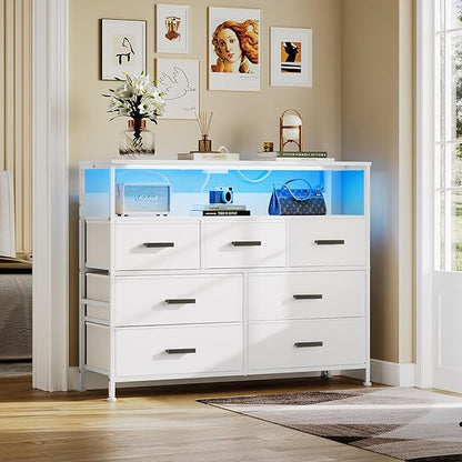 Dresser TV Stand with 7 Drawers, Dresser TV Stand with LED Lights & Power Outlets, Bedroom Dresser, Chest of Drawers up to 45'' Long TV, Wide Fabric Dresser with Open Shelf (White) - LeafyLoom