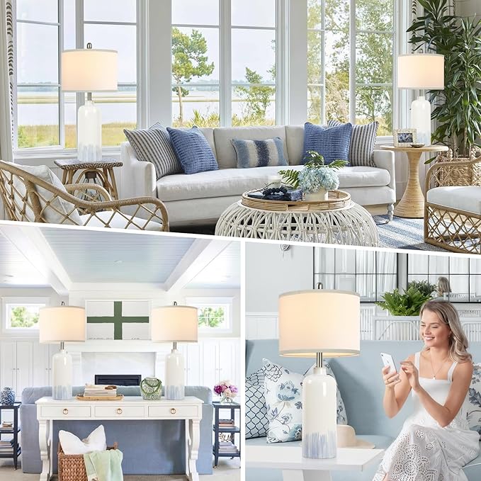 26" Ceramic Table Lamps Set of 2, Coastal Living Room Table Lamps with White Fabric Shades, Large Modern Bedside Lamps for Bedroom Nightstand Office Hotel Beach House, Blue Accent - LeafyLoom