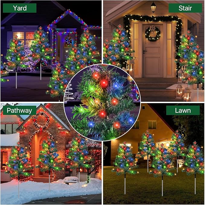 Outdoor Christmas Decorations 6-Pack Solar Christmas Tree with 8 Lighting Modes 120 Multi-Color Lights for House Outside Pathway Yard Garden Walkway Lawn Patio Front Porch Door Aovciust