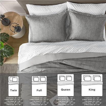 7-Piece King Size Comforter Set with Sheets, Modern Chambray Printed Bed in a Bag Bedding Sets, Grey, includes Fitted Sheet, Flat Sheet, Comforter, 2 Pillowcases & 2 Shams - LeafyLoom