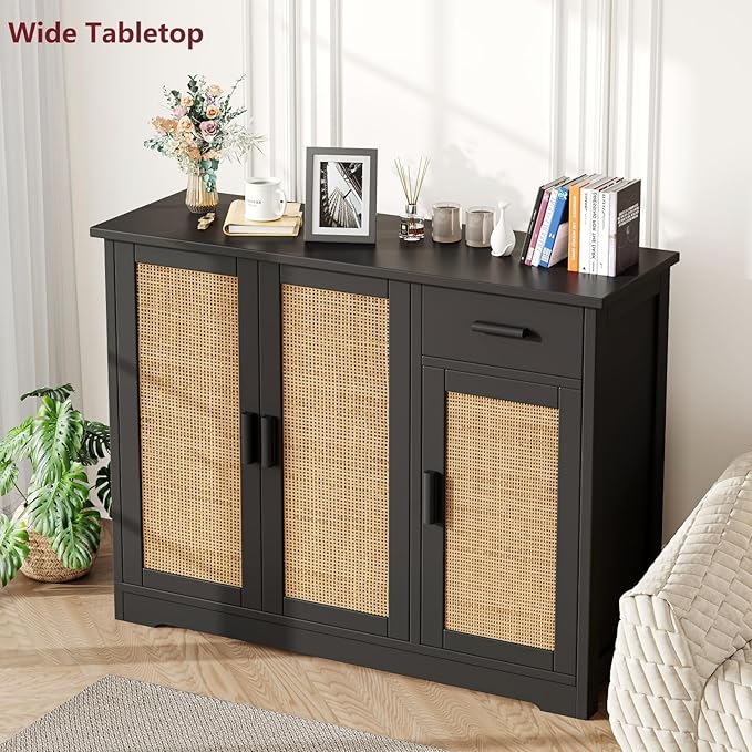 Irontar Kitchen Storage Cabinet, Sideboard Buffet Cabinet with Rattan Decorated Doors, Farmhouse Console Table with Drawer, Coffee Bar, Accent Table for Living Room, Black and Natural CWG010BM - LeafyLoom