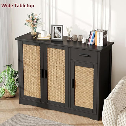 Irontar Kitchen Storage Cabinet, Sideboard Buffet Cabinet with Rattan Decorated Doors, Farmhouse Console Table with Drawer, Coffee Bar, Accent Table for Living Room, Black and Natural CWG010BM - LeafyLoom