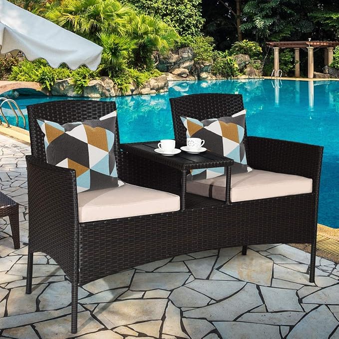 LUARANE Outdoor Rattan Sofas, Contract Patio Conversation Set Wicker Sofa Set with Built-in Coffee Table, Patio Furniture Set with Cushions, Rattan Loveseat for Lawn Backyard Garden (Brown+Beige) - LeafyLoom