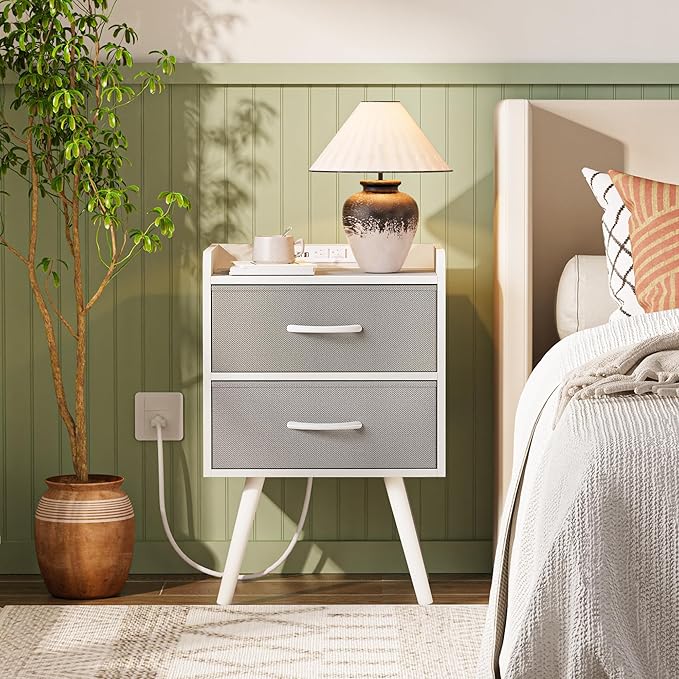 Night Stand with Charger Station, Nightstand with Drawers, Bedside Table, End Table with Solid Wood Feet, White Nightstand, Side Tables for Bedroom - LeafyLoom