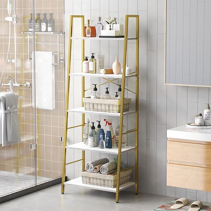 Yusong Ladder Shelf, 5-Tier Bookshelf Wood Bookcase for Living Room, Industrial Book Shelves, Tall Storage Display Rack Plant Stand for Bedoom, Home Office, Gold Metal Frame and White Marble Plank - LeafyLoom