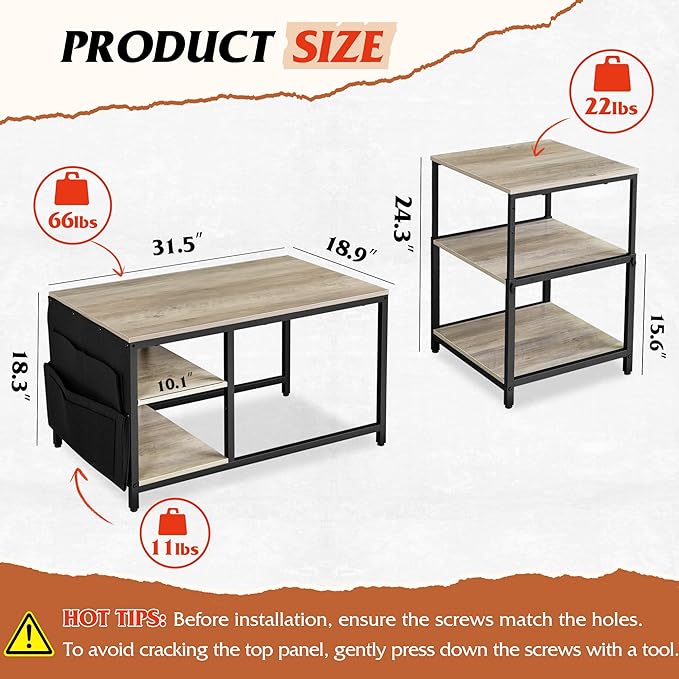 WLIVE Coffee Table for Living Room, Adjustable Coffee Table Set of 2 with End Table, Small Industrial Coffee Table with Side Table, Metal Frame and Wood Desktop, Greige - LeafyLoom