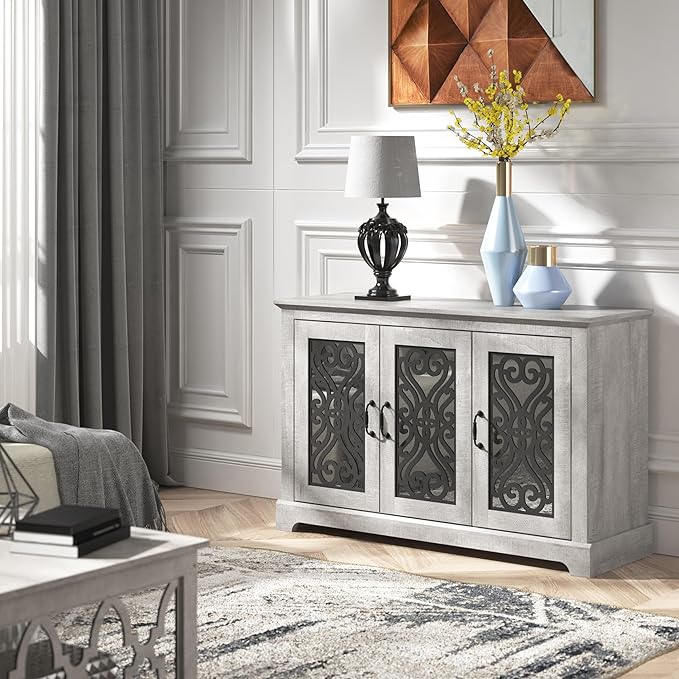 Galano Calidia 3 Door Sideboard, Kitchen Storage Sideboard Buffet Cabinet Console with Acrylic Mirror Doors & Adjustable Shelves, 15.67" D x 45.71" W x 29.29" H, Dusty Grey Oak - LeafyLoom