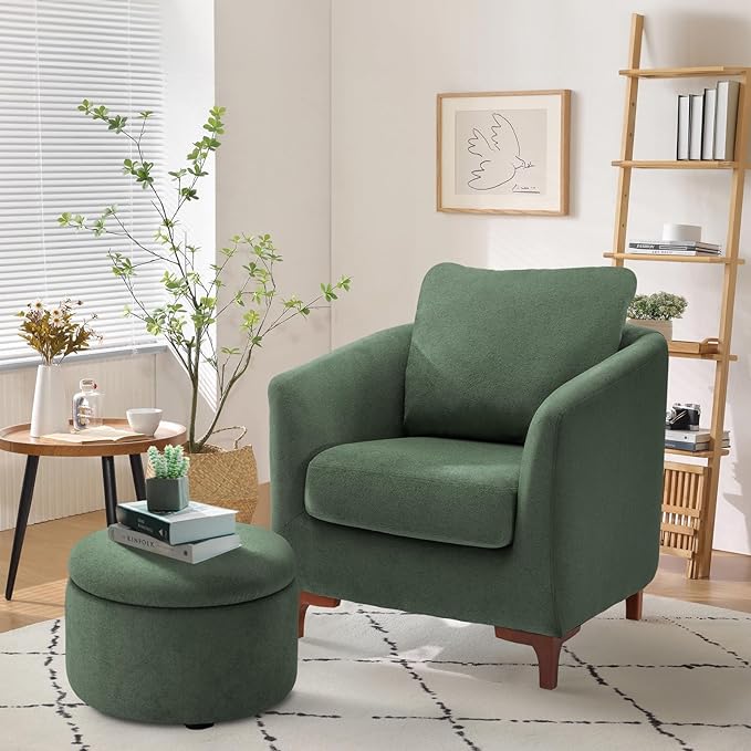 COLAMY Sherpa Accent Chair with Storage Ottoman Set, Upholstered Barrel Arm Chair with Footrest, Modern Living Room Chair with Back Pillow, Green - LeafyLoom