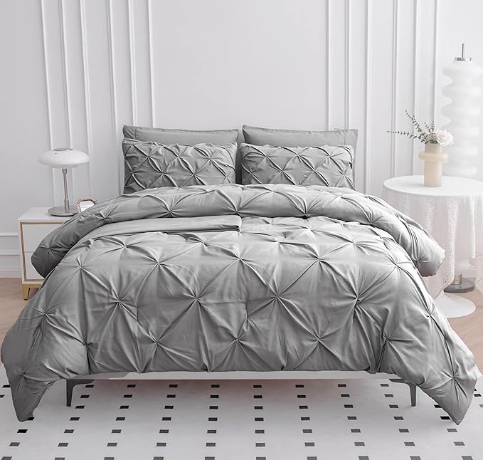 LANE LINEN Twin XL Comforter Set, 5 Piece Twin XL Bedding Set, Pintuck Twin XL Bed in a Bag, Twin XL Bed Set, Twin XL Bed Comforter Set with Sheets, Pillowcase & Sham, Bedding Comforter Sets - Silver - LeafyLoom