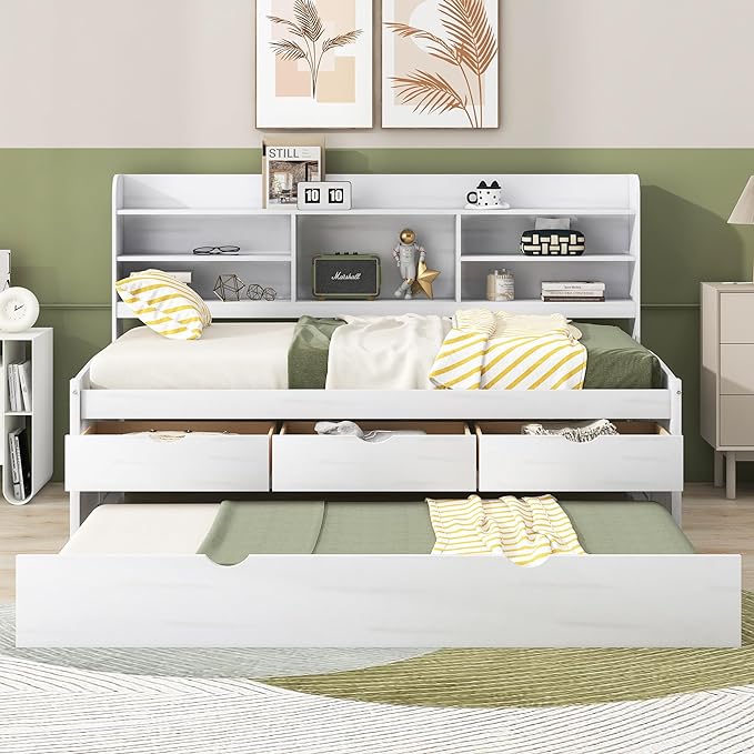 Twin Size Captain Bed with 3 Storage Drawers and Trundle, Wood Twin Bed Frame with Built-in Bookshelves for Kids Teens Adults, White Wash - LeafyLoom