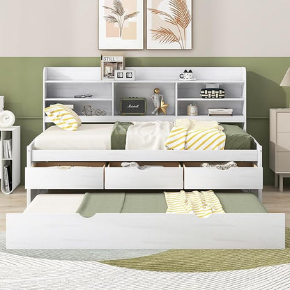 Twin Size Captain Bed with 3 Storage Drawers and Trundle, Wood Twin Bed Frame with Built-in Bookshelves for Kids Teens Adults, White Wash - LeafyLoom