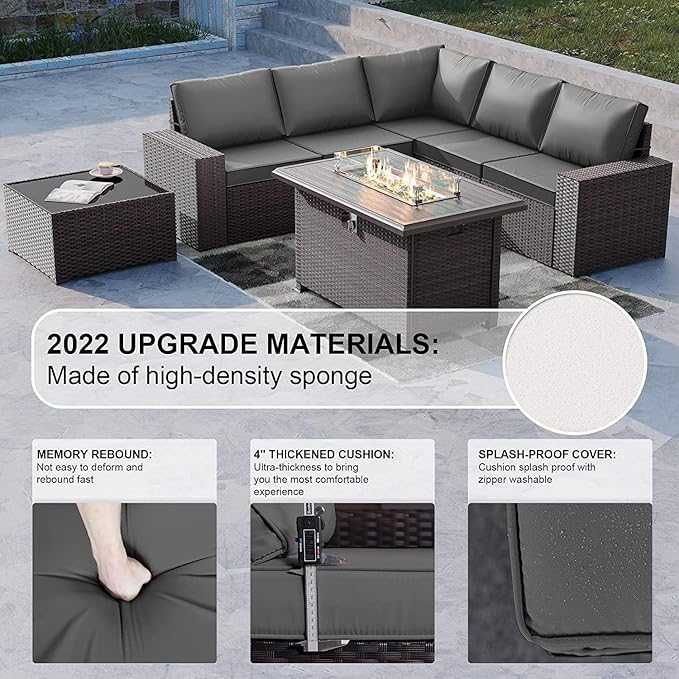 Kullavik 7 PCS Outdoor Patio Furniture Set with 43" 55000BTU Gas Propane Fire Pit Table PE Wicker Rattan Sectional Sofa Patio Conversation Sets for Outdoor,Grey - LeafyLoom