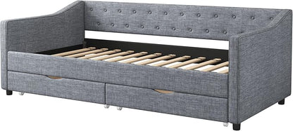 Twin Size Daybed with 2 Drawers, Upholstered Tufted Sofa Bed with Button on Back and Piping on Waved Shape Arms for Bedroom, Apartment, Living Room, Wooden Slats Support, Light Grey - LeafyLoom