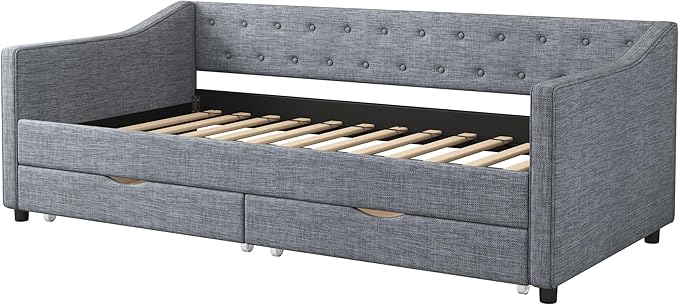 Twin Size Daybed with Drawers, Linen Upholstered Tufted Sofa Bedframe with Button on Back, Waved Shape Arms, Wooden Slats Support, for Apartment,Bedroom - LeafyLoom