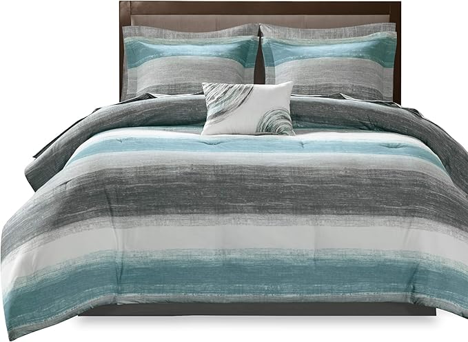 Madison Park Essentials Twin Comforter Set, Bed in a Bag Twin, Watercolor Print Coastal Comforter & Chambray Cotton Sheet Set, All Season Bedding Set, Saben, Aqua Twin (68 in x 86 in) 7 Piece - LeafyLoom