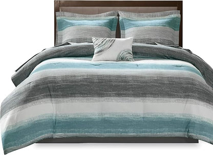 Madison Park Essentials Cal King Comforter Set, Bed in a Bag, Watercolor Print Coastal Comforter & Chambray Cotton Sheet Set, All Season Bedding Set, Saben, Aqua Cal-King (104 in x 92 in) 9 Piece - LeafyLoom