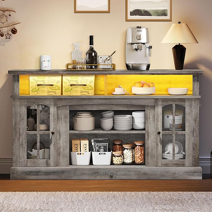 YITAHOME Sideboard Buffet Cabinet, 58'' Large Coffee Bar Cabinet with LED Light & Power Outlet, Farmhouse Storage Cabinets with Adjustable Shelves and Glass Doors for Kitchen, Living Room, Rustic Grey - LeafyLoom