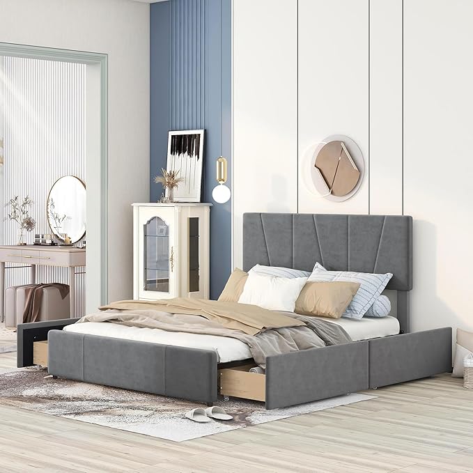 Queen Size Upholstered Platform Bed Frame with 4 Storage Drawers and Adjustable Headboard, Wooden Slats Support, No Box Spring Needed, Gray - LeafyLoom