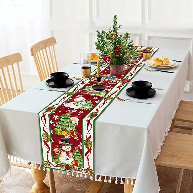 Christmas Table Runner 108 Inches Long Snowflake Buffalo Plaid Table Runner Christmas Theme Holiday Xmax Snowman Gnome Christmas Table Runner for Kitchen Dining Table Home Party Decorations Unibyby