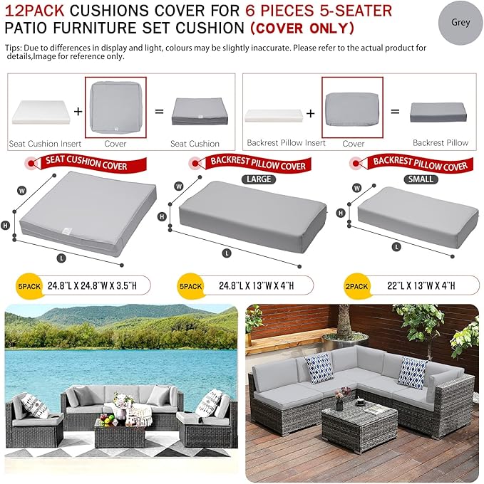 ClawsCover 12 Pack Outdoor Seat and Back Cushions Replacement Covers Fit for 6Pieces 5-Seater Wicker Rattan Patio Furniture Conversation Set Sectional Couch Chairs,Grey-Include Cover Only - LeafyLoom