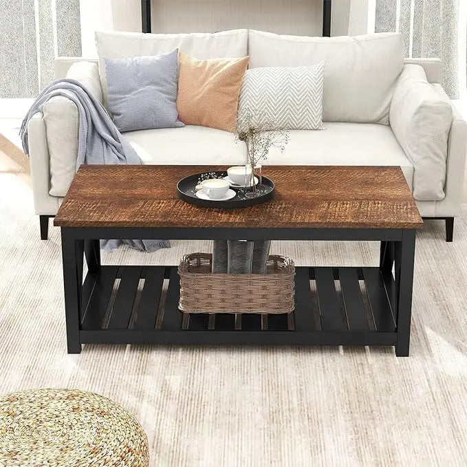 ChooChoo Black Coffee Table, Rustic Vintage Table with Shelf for Living Room, 40 Inch - LeafyLoom