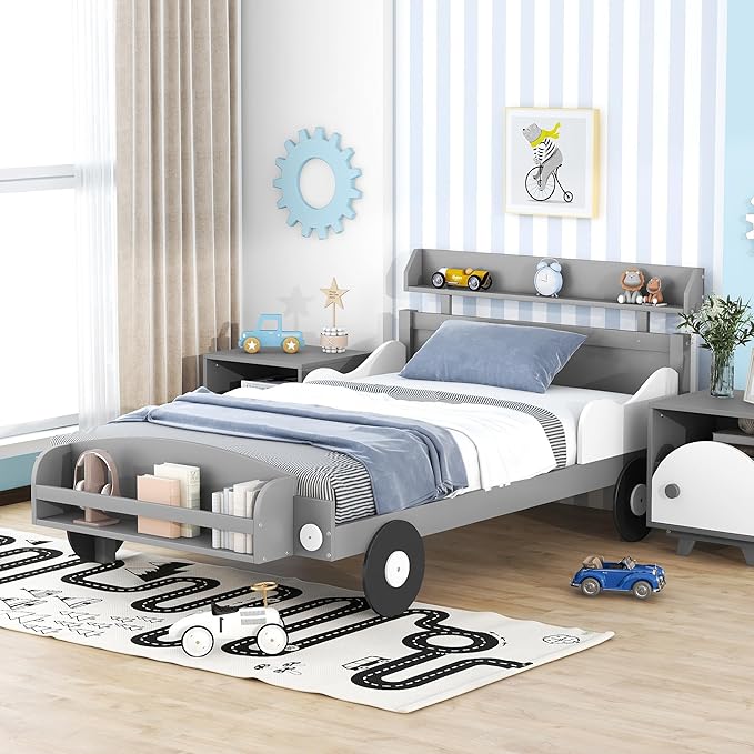 Twin Size Car-Shaped Platform Bed with 2 Storage Shelf,Kids Cars Beds W/Wheels,Slats Support,Saving Space,Easy Assembly,Wood Car Bedframe for Boys Toddlers Teens Bedroom,Gray - LeafyLoom