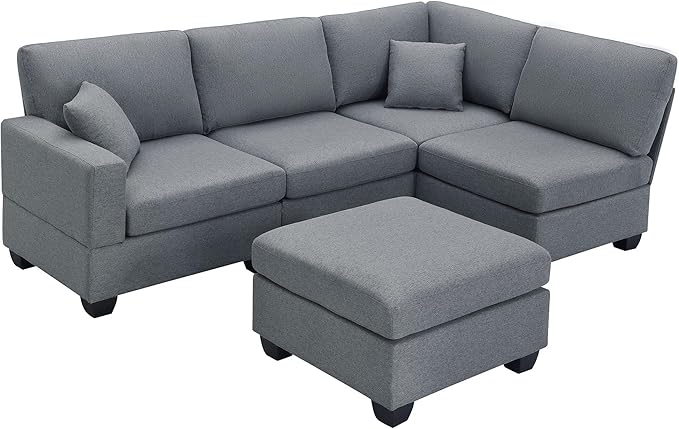 89.8" Modern Sectional Sofa with Convertible Ottoman and 2 Pillows,L-Shape Linen Fabric Corner Couch 5 Set W/Back & Cushion,can Hold up to 330 Lbs,for Apartment,Living Room,Dark Grey - LeafyLoom