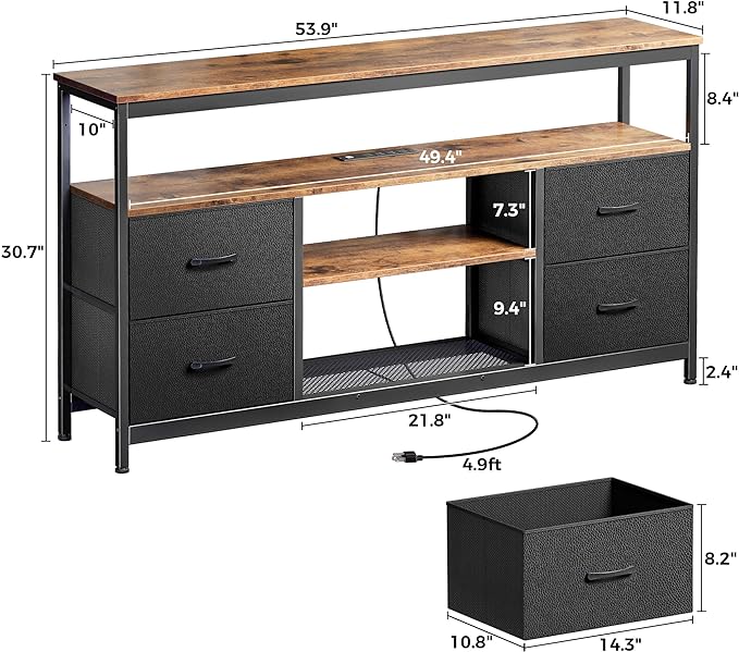 TV Stand Dresser with Power Outlets and LED Lights, 4 Drawers Entertainment Center with Shelves, 54 Inch Media Console for 55 60 Inch TV, PU Finish, Rustic Brown and Black - LeafyLoom