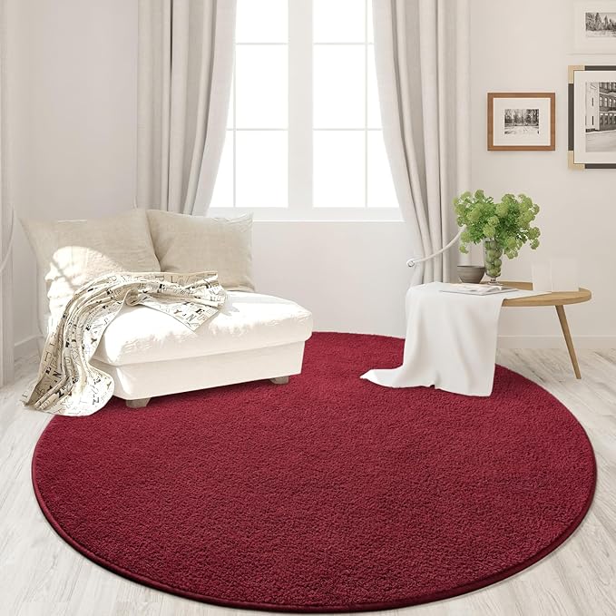 Round Area Rugs for Bedroom Living Room, 5x5 Rose Red Super Soft Comfy Thickened Memory-Foam Indoor Circle Carpets, Modern Aesthetic Minimalist Carpet for Boys Girls Adults Nursery Home Décor - LeafyLoom