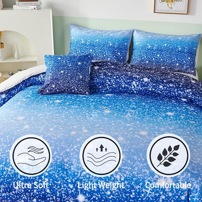 RYNGHIPY 6Pcs Gradient Aqua Blue Navy Ombre Comforter Sets with Sheets Pillowcases, Queen Size Sparkle Glitter Design Comforter Bedding Collections for Kids Boys and Girls - LeafyLoom