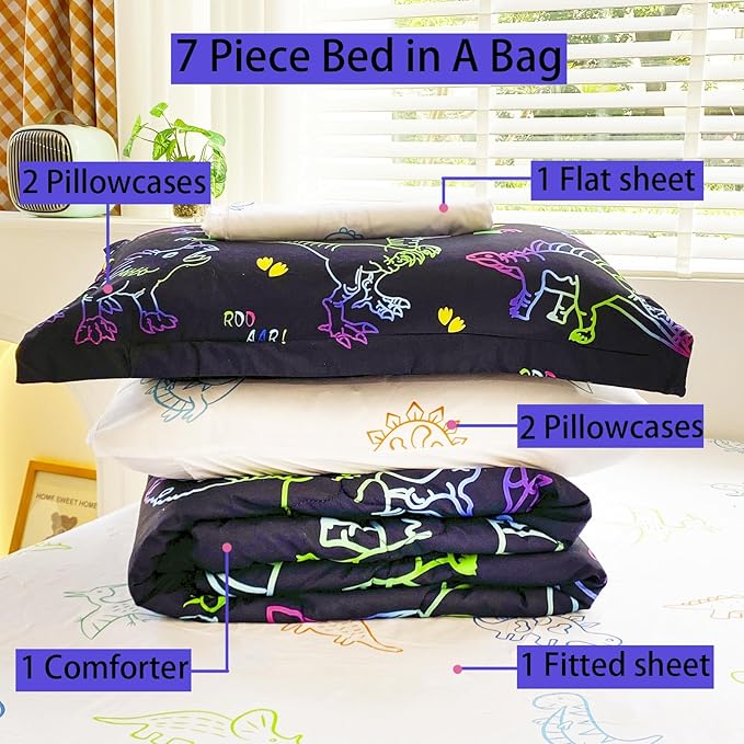 7 Piece Boys Dinosaur Comforter Bedding Set Bed in A Bag Full Size for Kid Girls Teens Dinosaurs Animal 3D Print Gradient Line Bedding Set with Comforter Sheet Set Pillowcase and Sham - LeafyLoom