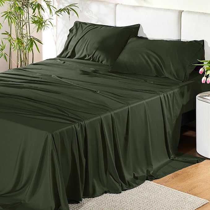 Bedsure Full Size Sheets, Cooling Sheets Full, Rayon Derived from Bamboo, Deep Pocket Up to 16", Breathable & Soft Bed Sheets, Hotel Luxury Silky Bedding Sheets & Pillowcases, Olive green - LeafyLoom