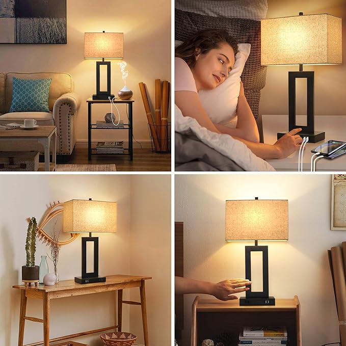 Set of 2 Touch Control Table Lamp with 2 USB Ports, 3-Way Dimmable Modern Nightstand Lamp Sets Bedside Touch Desk Lamp with Fabric Cream Shade For Bedroom Table Living Room Reading, Included Bulbs - LeafyLoom