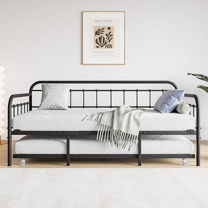 Twin Size Metal Daybed Frame with Trundle and Headboard,Guest Room Multifunctional Heavy Duty Sofa Bed Platform w/Steel Slat Support & Easy Assembly,for Adult Kid Boy Girl,Black - LeafyLoom