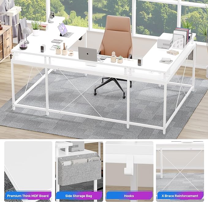 U Shaped Computer Gaming Desk, Reversible L Shaped Desk with Power Outlets, LED Strip & Monitor Stand, Large Corner Desk with Storage Shelves for Home Office, White - LeafyLoom