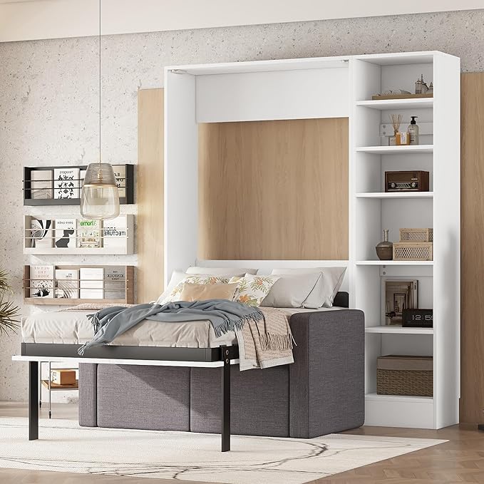 Merax Twin Size Murphy Bed Wallbed with Sofa and Side Storage Shelves,Space Saving,for Guest Living Room - LeafyLoom