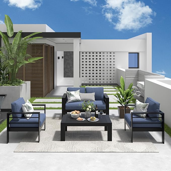 Solaste Outdoor Aluminum Furniture Set - 4 Pieces Patio Sectional Chat Sofa Conversation Set with Table,Black Frame and Blue Cushion - LeafyLoom