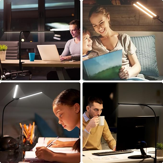 Desk Lamp, Double Head Led Desk Lamp, 15W Ultra Bright Architect Task Desk Light, Eye Caring Desk light, Desk Lamp for Home/Office/Study/Drafting/Reading/Dorm(Black) - LeafyLoom