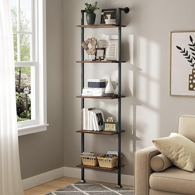 Axeman 5-Tier Ladder Shelf, Tall Narrow Bookcase for Small Spaces, Book Storage Organizer Case for Living Room, Home Office, Study, Industrial Style Black Metal Frame and Rustic Brown Shelf - LeafyLoom