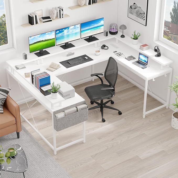 U Shaped Computer Gaming Desk, Reversible L Shaped Desk with Power Outlets, LED Strip & Monitor Stand, Large Corner Desk with Storage Shelves for Home Office, White - LeafyLoom