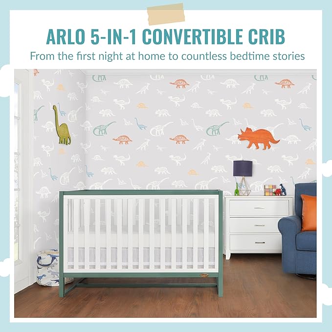 Arlo 5-in-1 Convertible Crib in Jungle Green, JPMA Certified, 3 Mattress Height Settings, Non-Toxic Finish, Made of Sustainable and Sturdy Pinewood - LeafyLoom